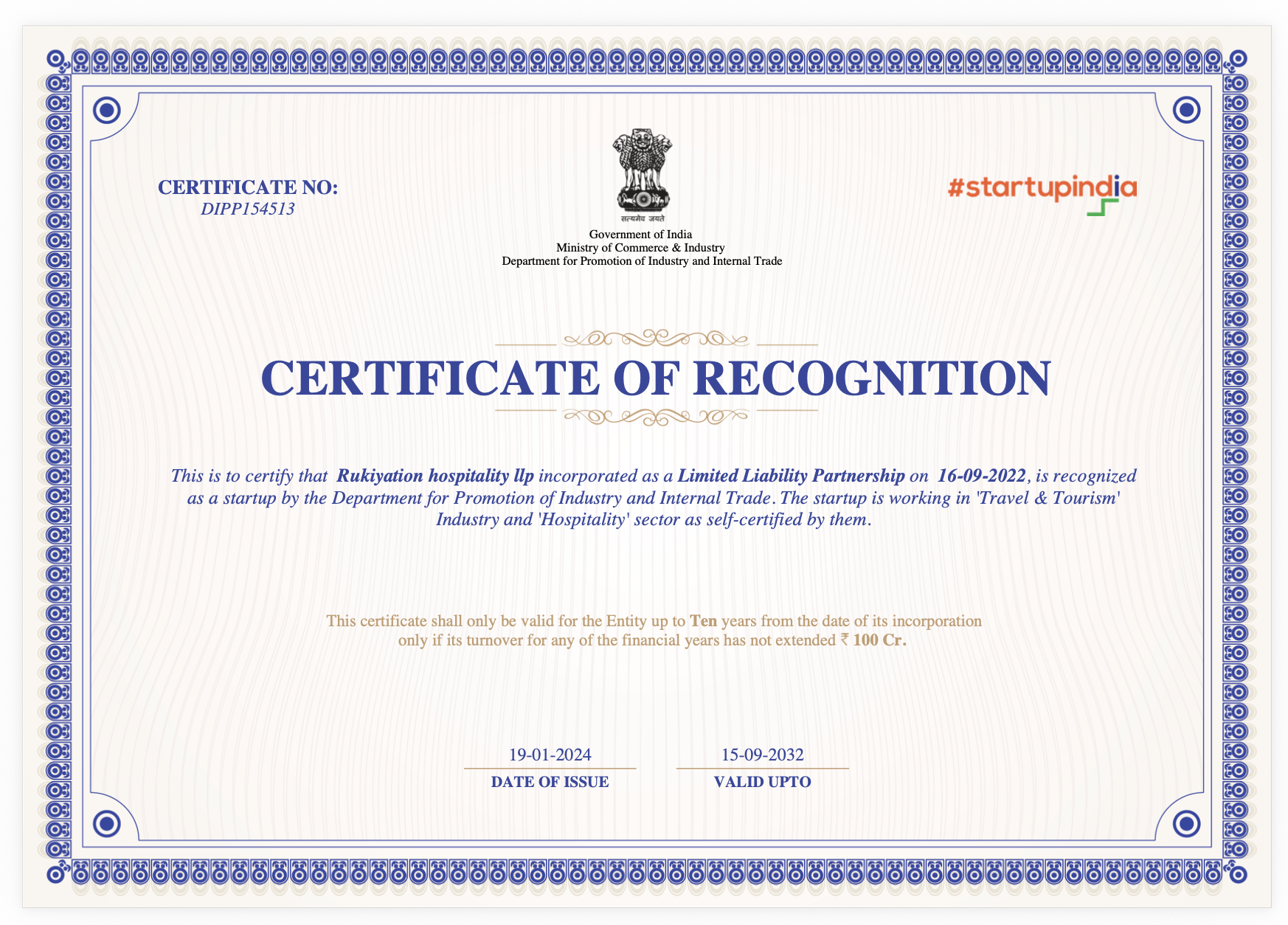 Startup India Certificate of Recognition · DIPP154513